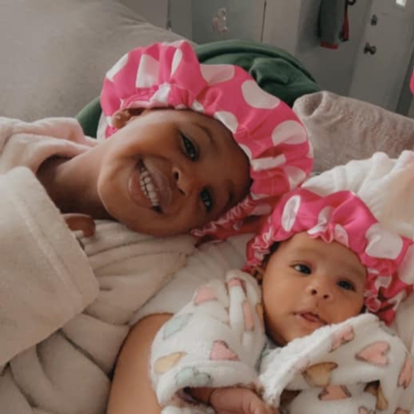 Polka Dots Reversible Satin Bonnet - Fuchsia and White