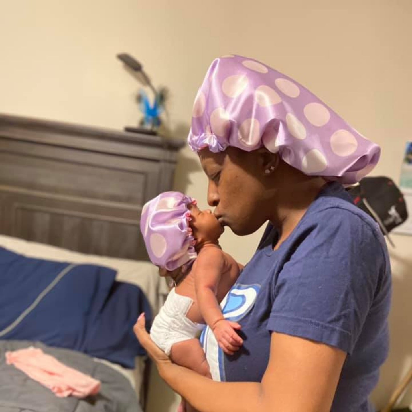Mommy & Me Reversible Satin Bonnet - Purple Polka Dots
