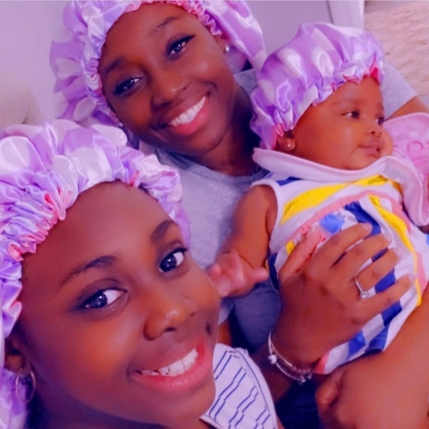 Mommy & Me Reversible Satin Bonnet - Purple Polka Dots