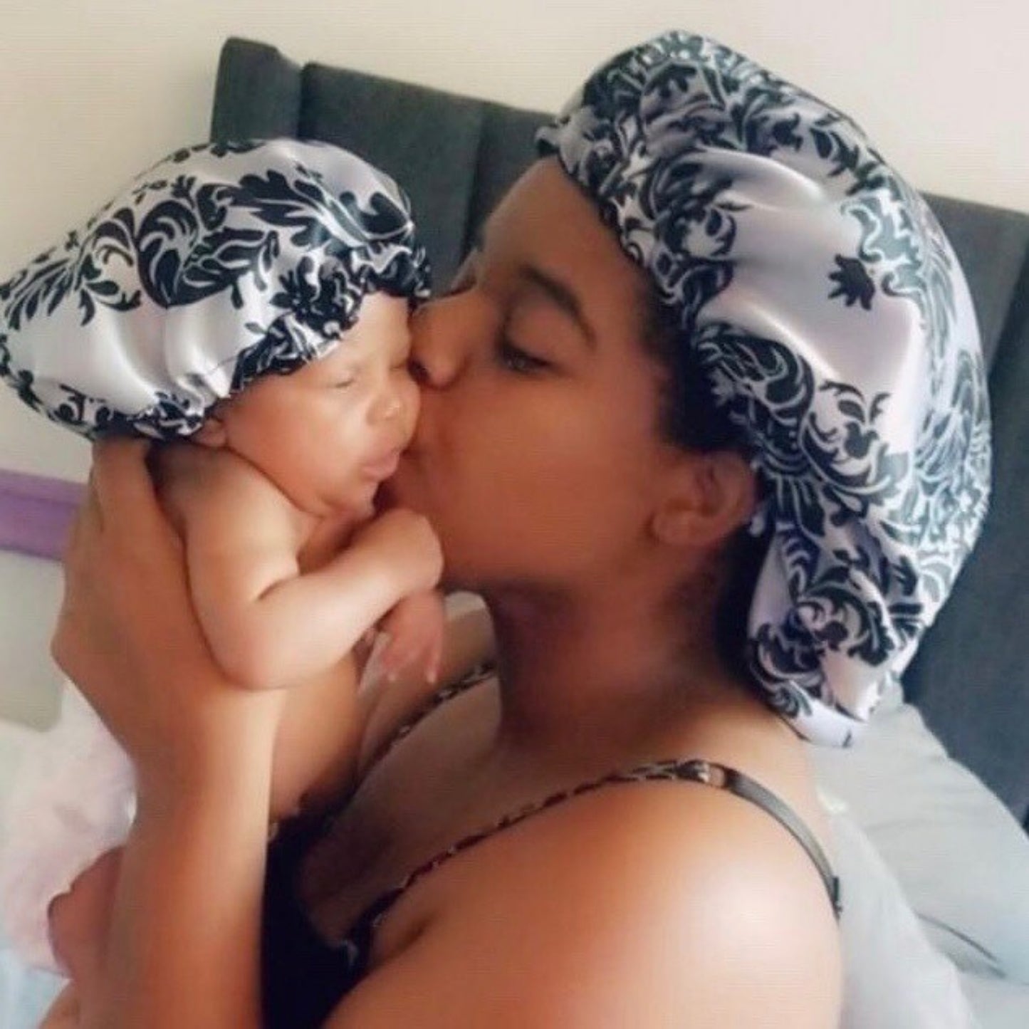 Mommy and Me Reversible Satin Bonnet - White Damask