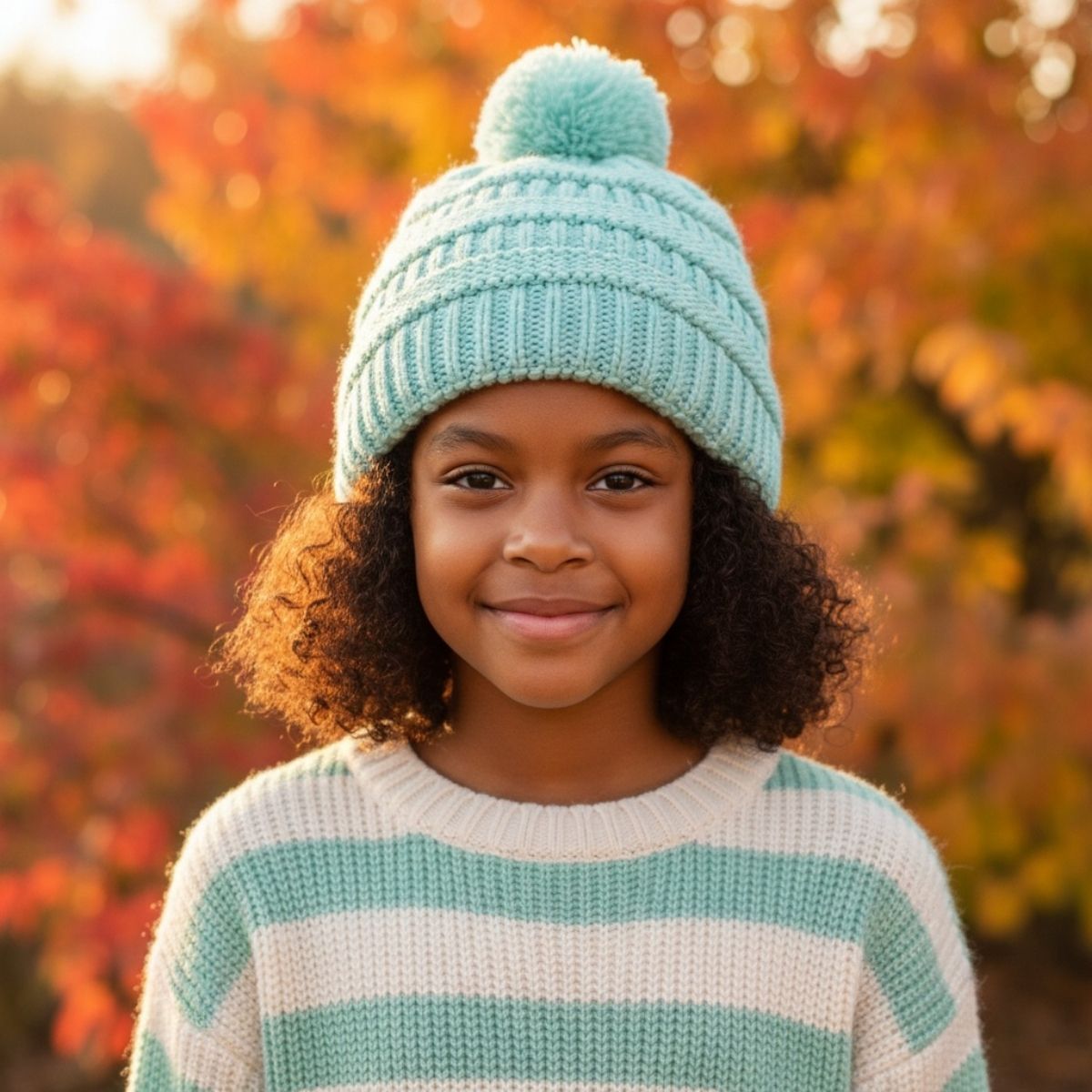Kid's Satin-Lined Pom Knit Hat - Mint