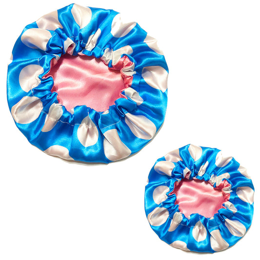 Mommy & Me Reversible Satin Bonnet - Blue and White Polka Dots