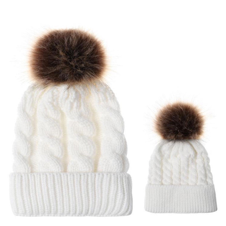 Mommy and Me Satin-Lined Pom Knit Hat Set - White