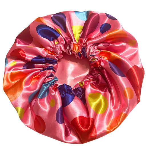 Polka Dots Reversible Satin Bonnet - Pink and Rainbow