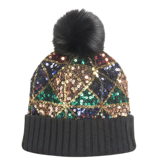 Diamond Sequined Satin-Lined Pom Hat - Black
