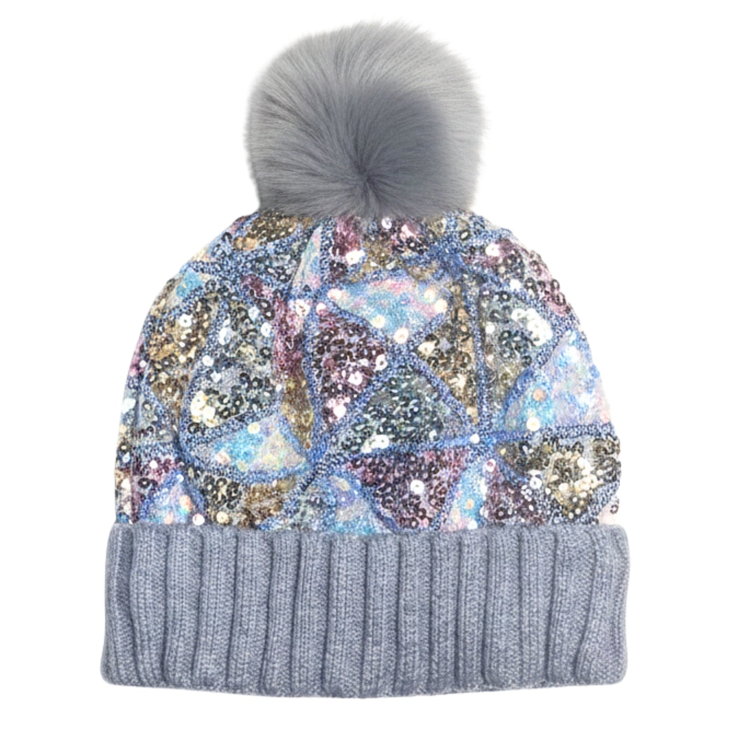 Diamond Sequined Satin-Lined Pom Hat - Grey