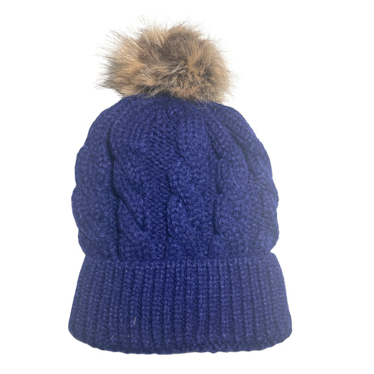 Adult Satin-Lined Cable Knit Fur Pom Hat - Navy