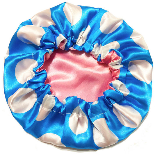 Polka Dots Reversible Satin Bonnet - Blue and White