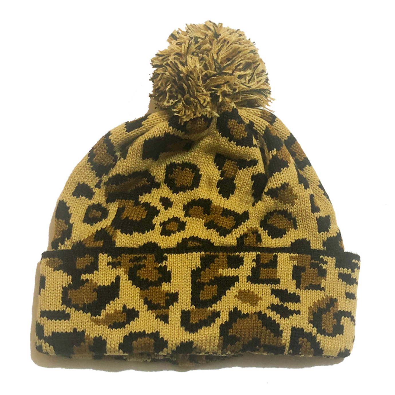Cheetah Pom Knit Hat - Brown