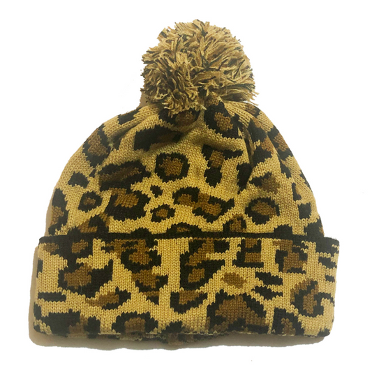 Cheetah Pom Knit Hat - Brown