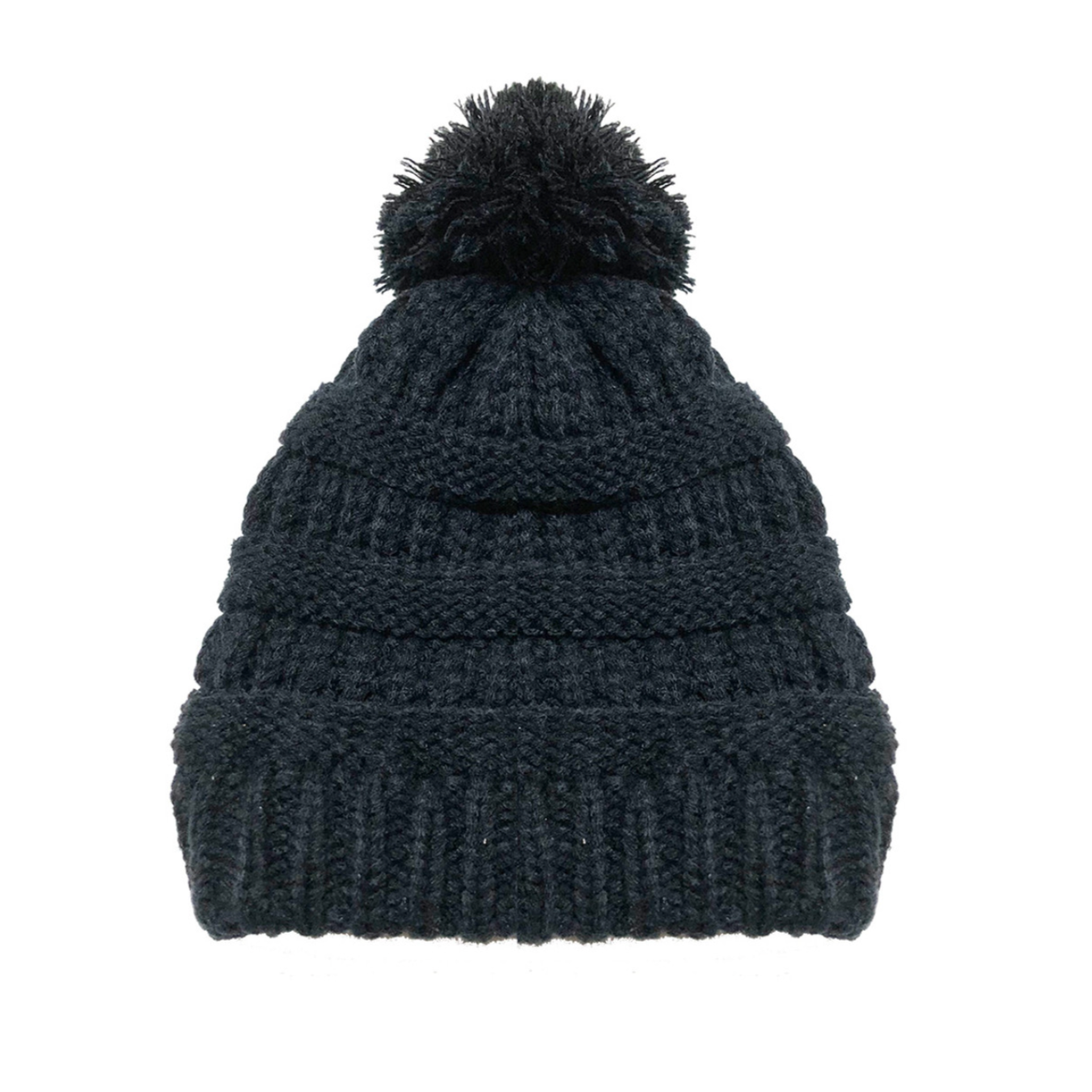 Kid's Satin-Lined Pom Knit Hat - Black