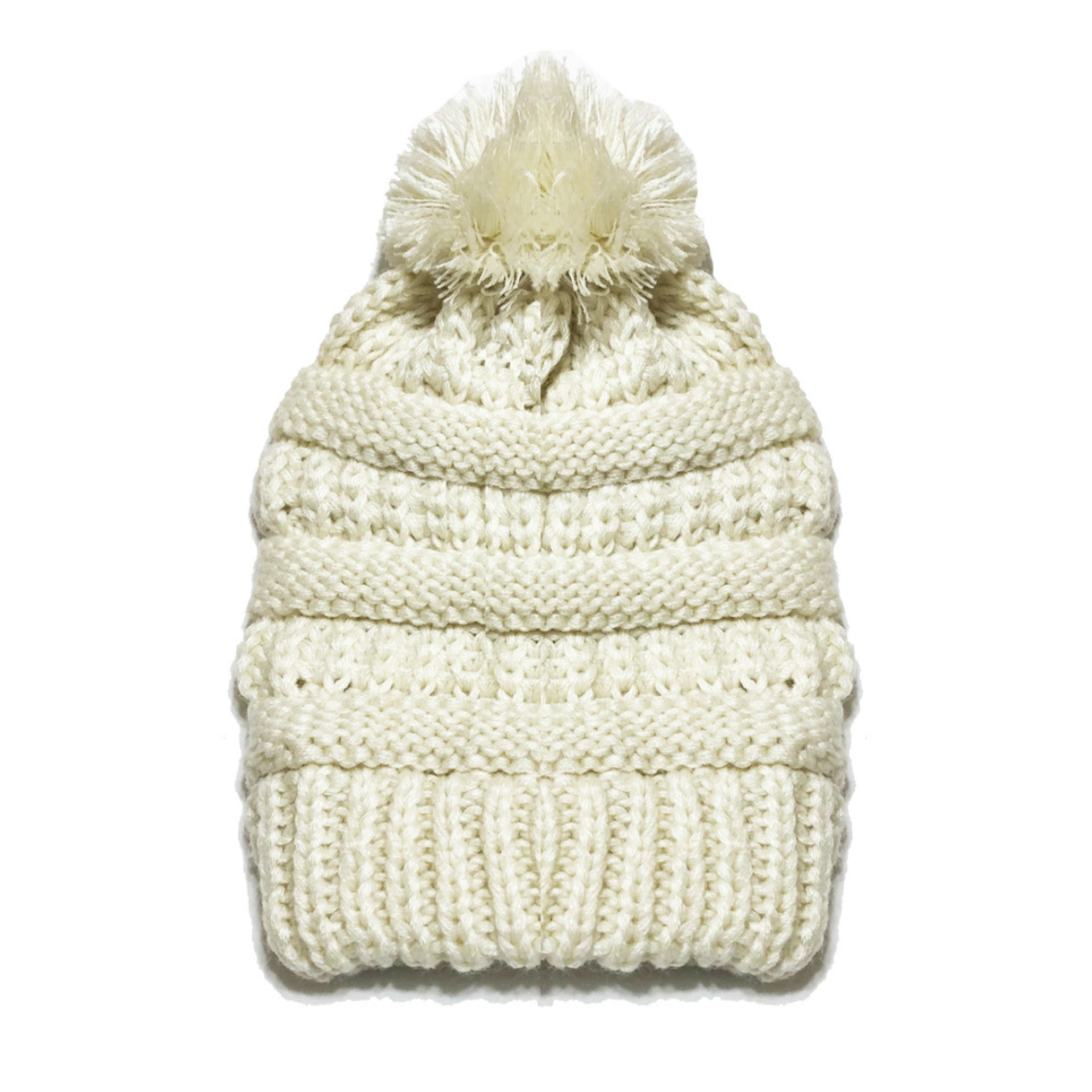 Kid's Satin-Lined Pom Knit Hat - Cream