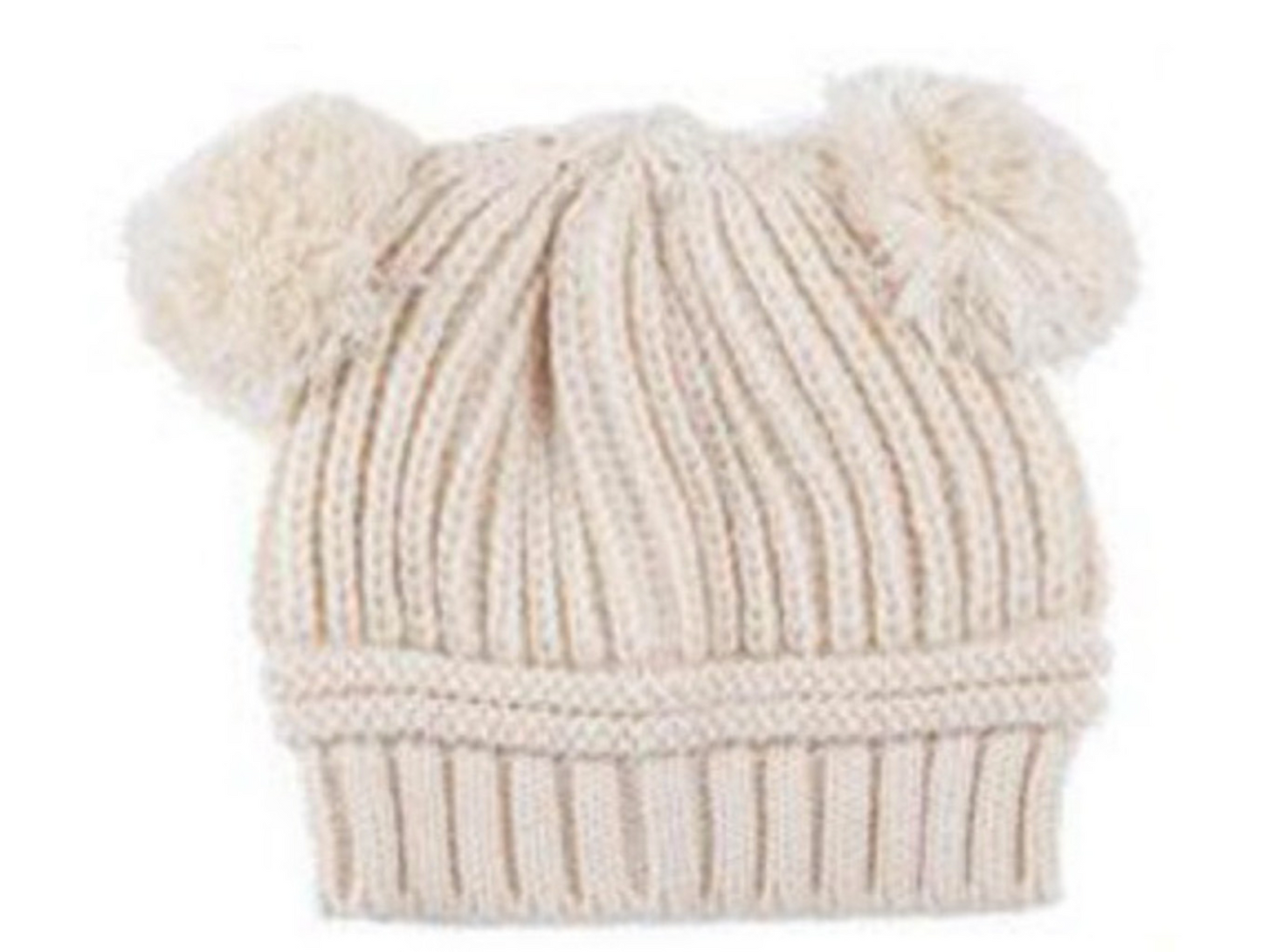 Baby Satin-Lined Poms Knit Hat - Cream