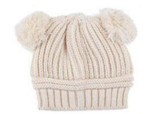 Baby Satin-Lined Poms Knit Hat - Cream
